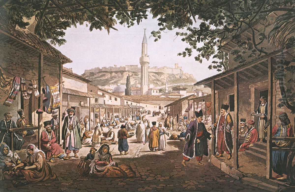 To pazari ton Athenon Oil Painting by Edward Dodwell
