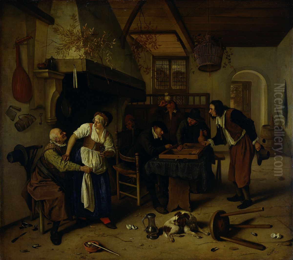 Interior of an inn with an old man amusing himself with the landlady and two men playingbackgammon, known as 'The Double Game' Oil Painting by Jan Steen