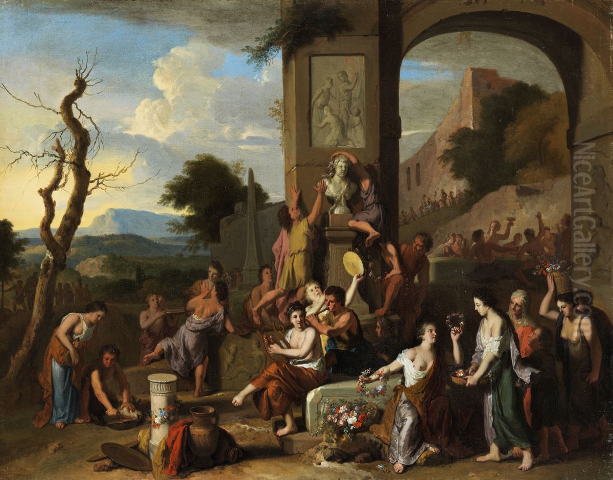 Groot offerfeest voor de god Bacchus in een landschap met runeuze tempel Oil Painting by Gerard Hoet