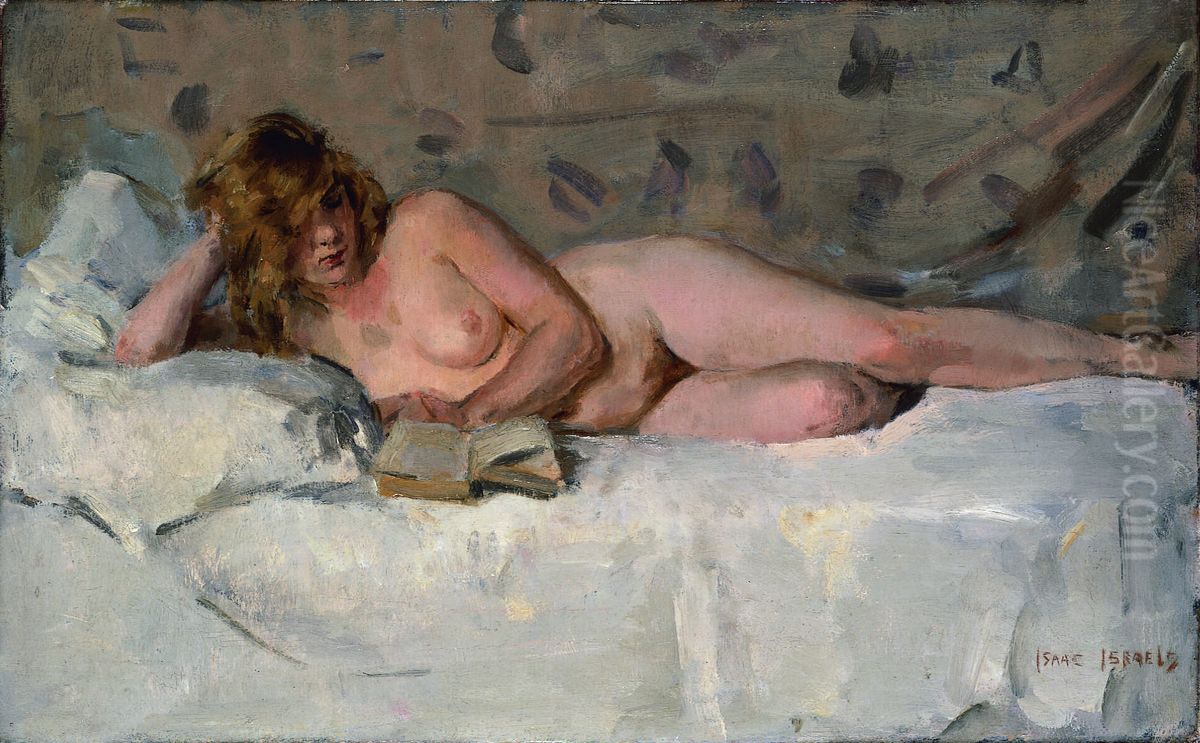 A reclining nude (Sjaantje van Ingen) Oil Painting by Isaac Lazarus Israels