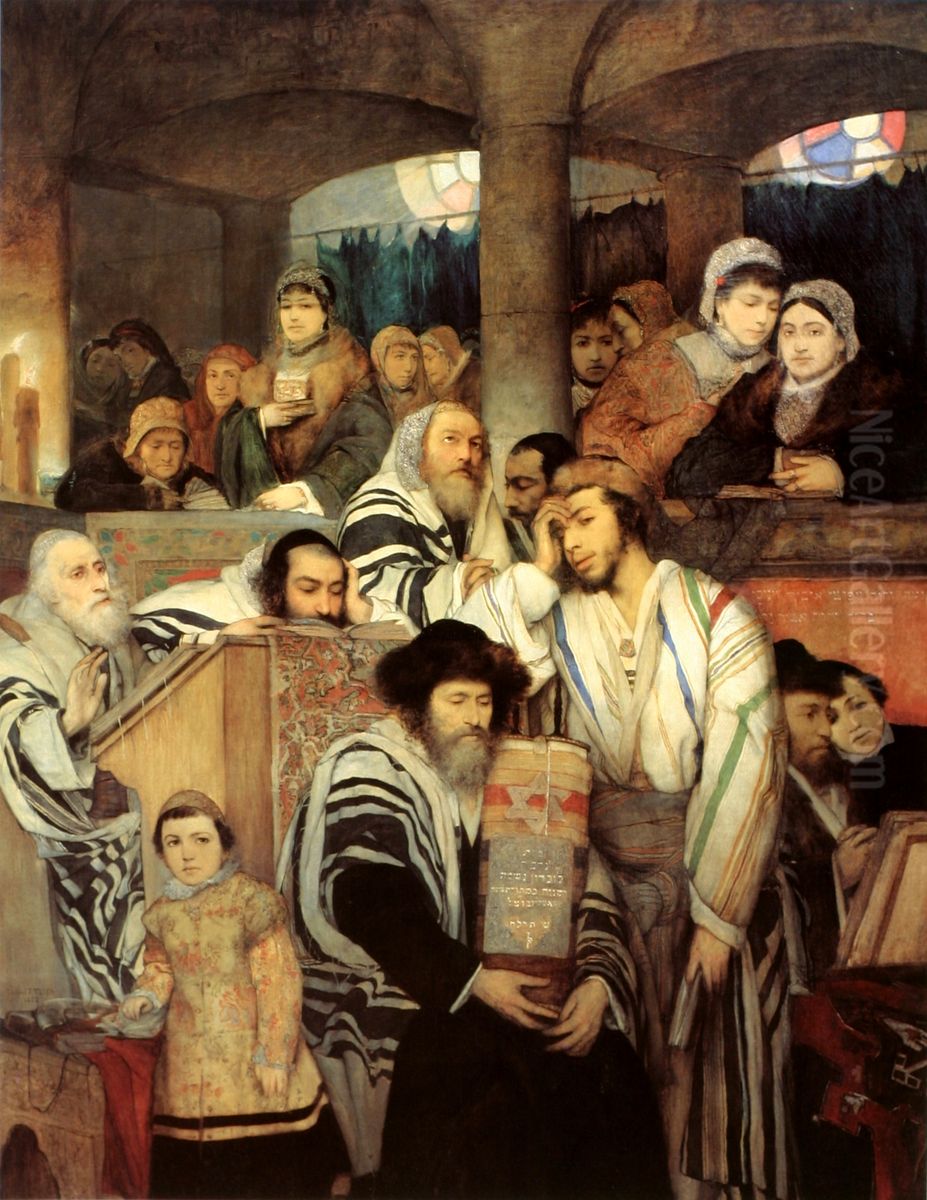 Jews Praying in the Synagogue on Yom Kippur Oil Painting by Maurycy Gottlieb