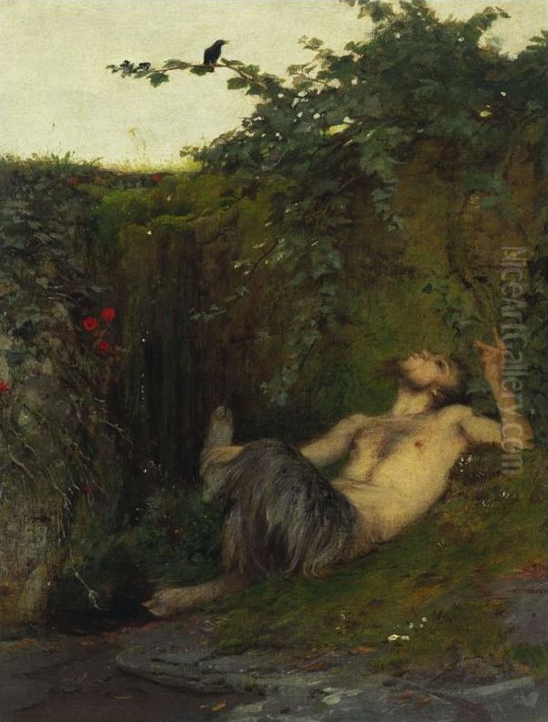 Faun whistling to a Blackbird Oil Painting by Arnold Bocklin