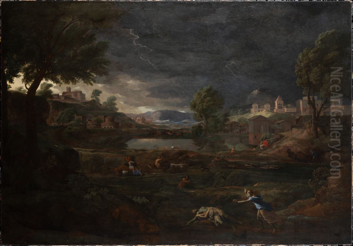 Landscape during a Thunderstorm with Pyramus and Thisbe Oil Painting by Nicolas Poussin