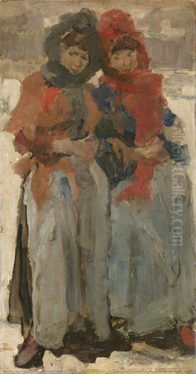 Two Young Women in the Snow Oil Painting by Isaac Lazarus Israels