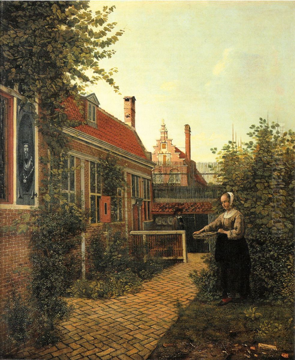 Frau mit Bohnenkorb im Gemusegartchen Oil Painting by Pieter De Hooch