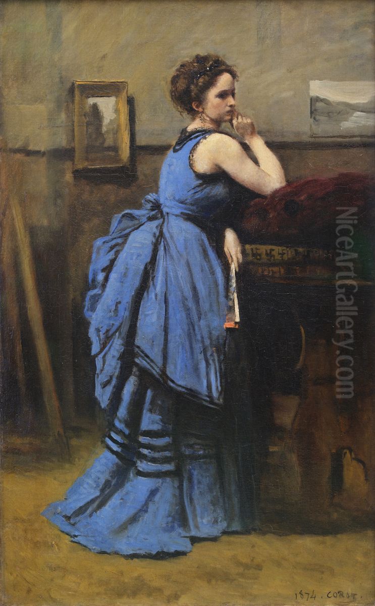 Lady in Blue Oil Painting by Jean-Baptiste Camille Corot