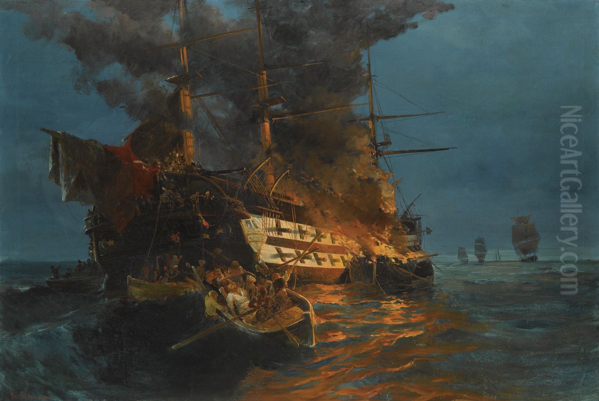 The burning of a Turkish frigate Oil Painting by Konstantinos Volanakis