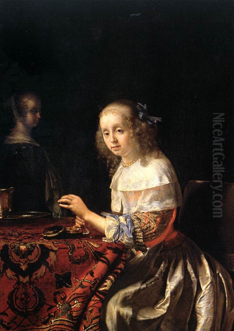 Young woman stringing pearls Oil Painting by Frans van Mieris