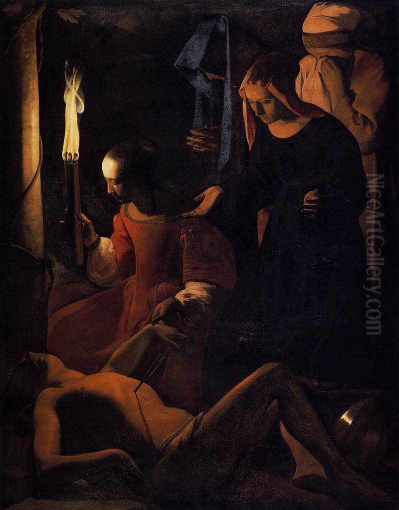 Saint Sebastien soigne par Irene Oil Painting by Georges de La Tour
