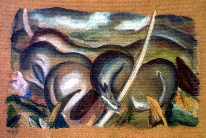 Horses in landscape Oil Painting by Franz Marc
