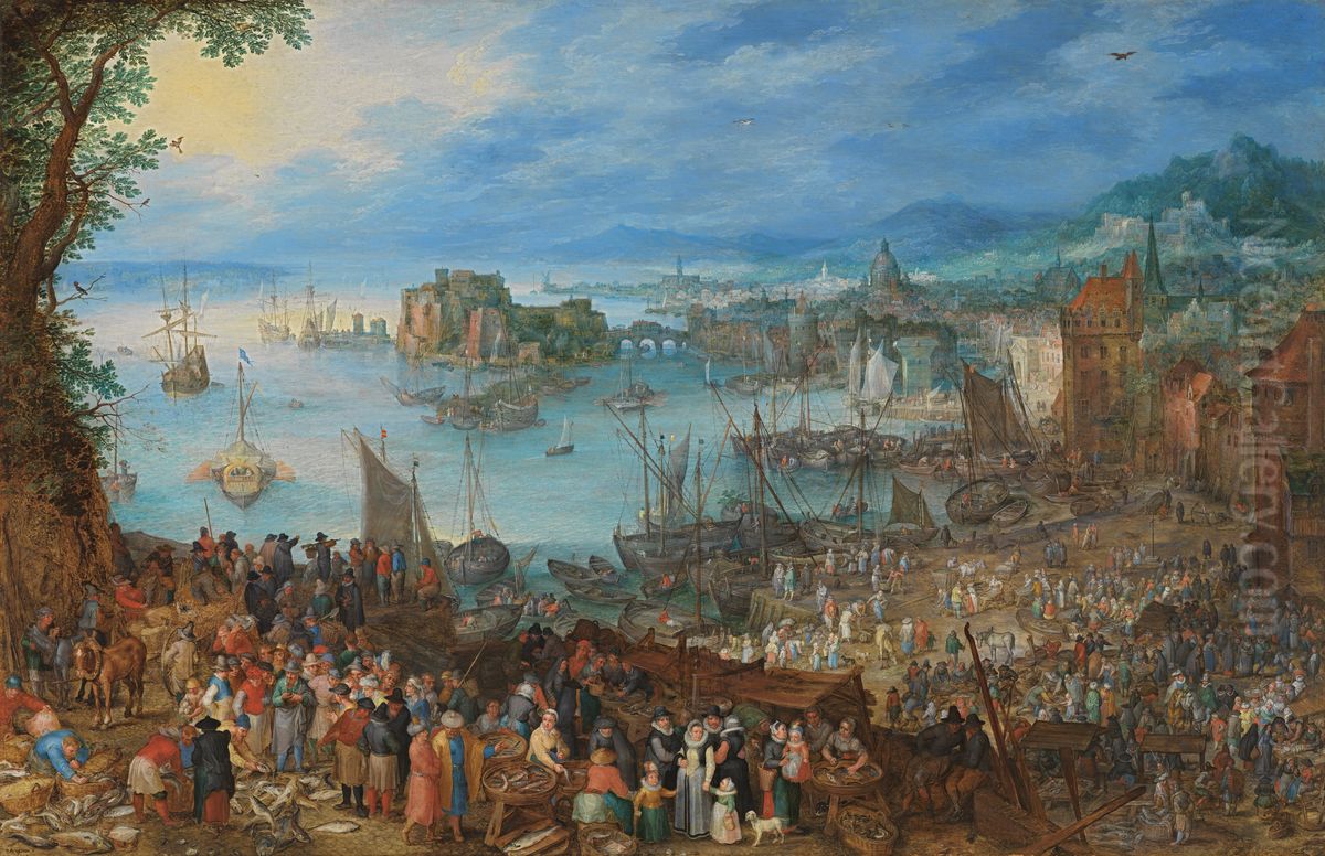 Large Fish Market Oil Painting by Jan Brughel