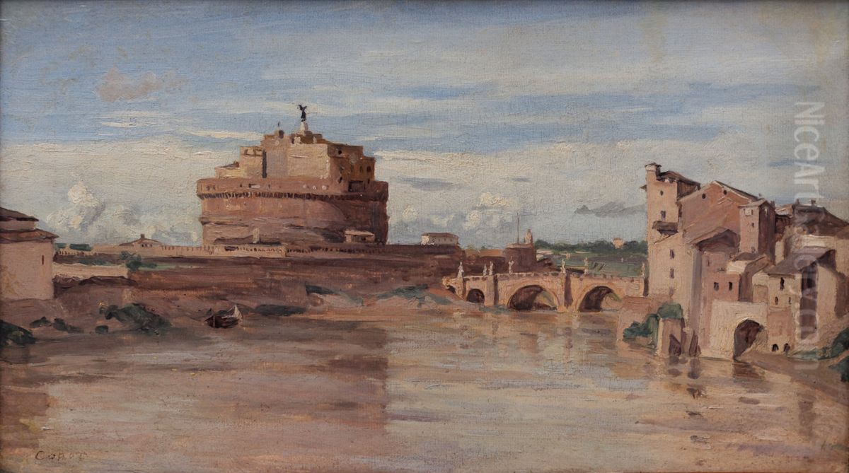 Le chateau Saint-Ange et le Tibre, Rome. Oil Painting by Jean-Baptiste Camille Corot