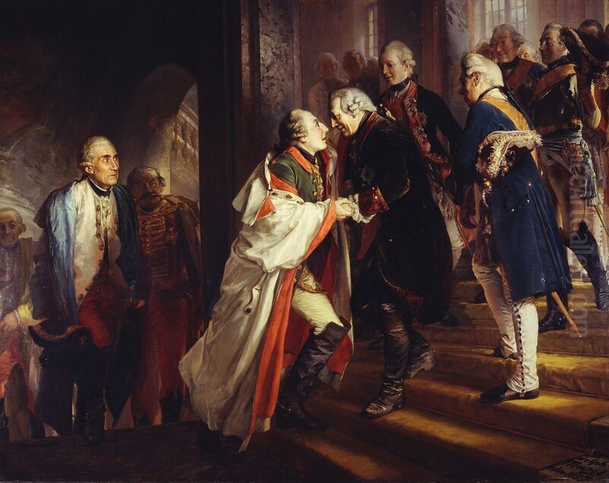 Begegnung Friedrichs II. mit Kaiser Joseph II. in Neisse 1769 Oil Painting by Adolph von Menzel