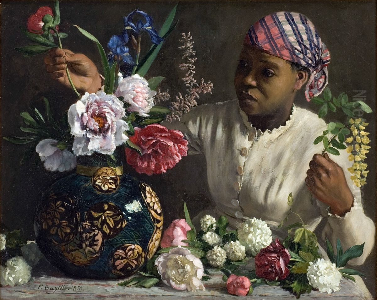 Jeune fille noire aux pivoines Oil Painting by Frederic Bazille