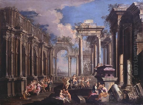 Scenario Architettonico Con Scena Di Baccanale Oil Painting by Alberto Carlieri