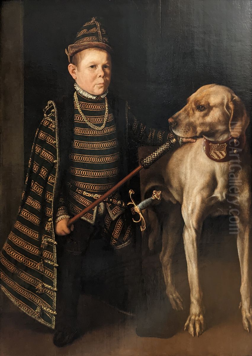Le Nain du cardinal de Granvelle tenant un gros chien Oil Painting by Antonis Mor
