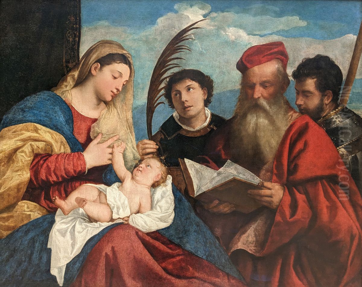 La Vierge a l' Enfant avec saint Etienne, saint Jerome et saint Maurice Oil Painting by Titian