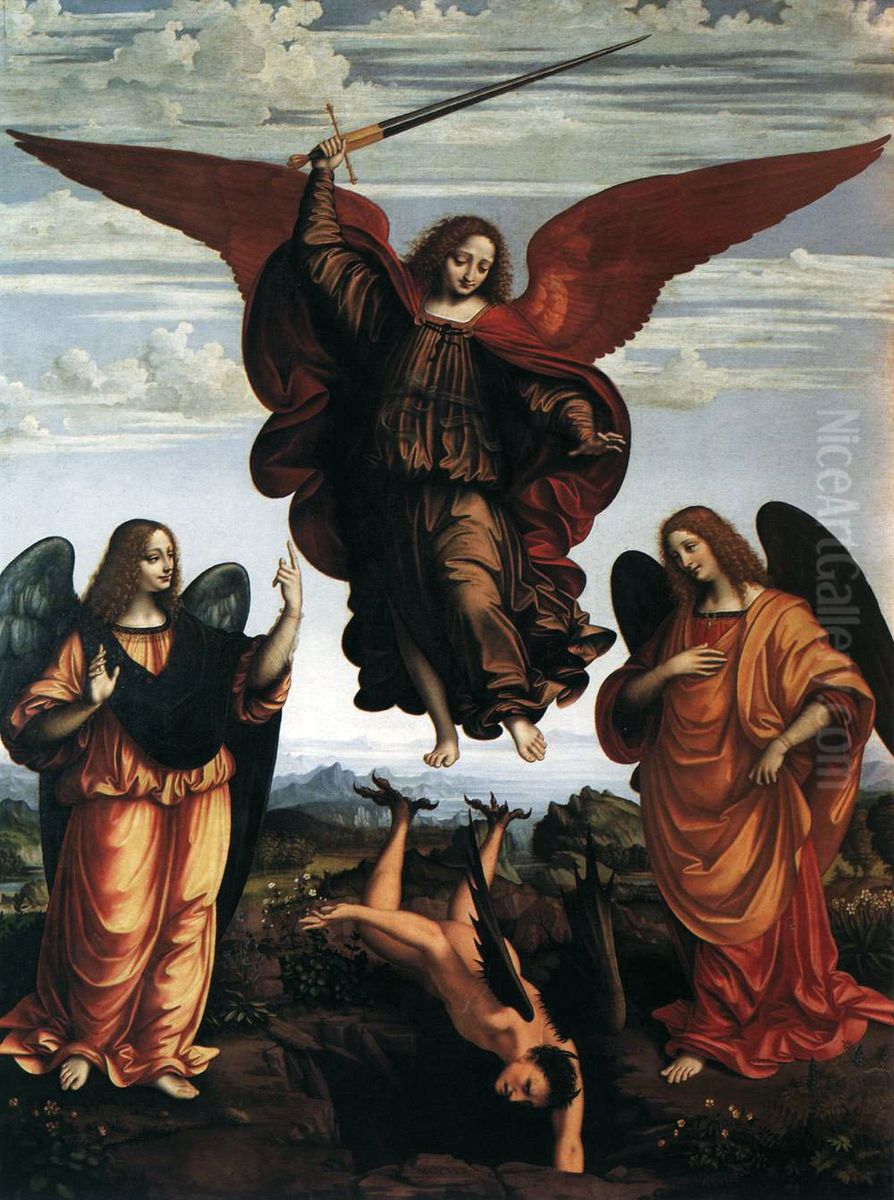 Altarpiece of the three archangels Oil Painting by Marco D'Oggiono