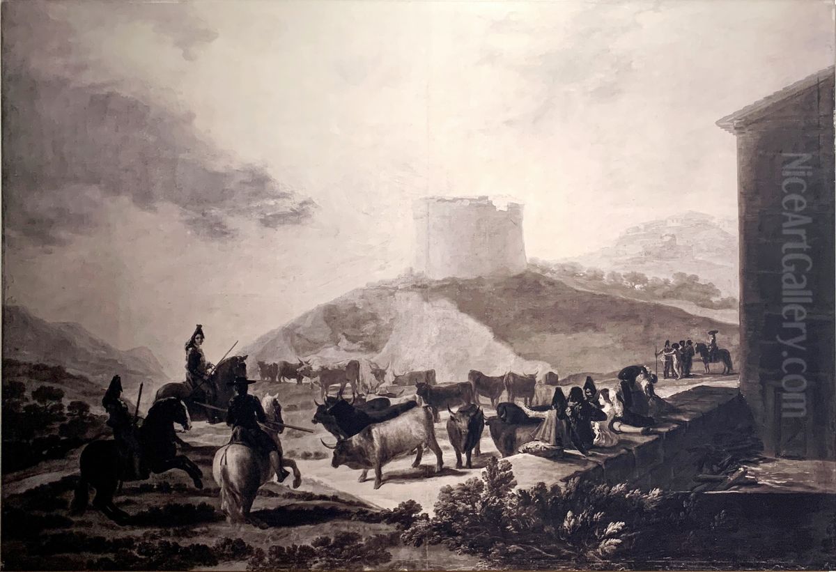 Rounding up the bulls Oil Painting by Francisco Goya Fuendetodos