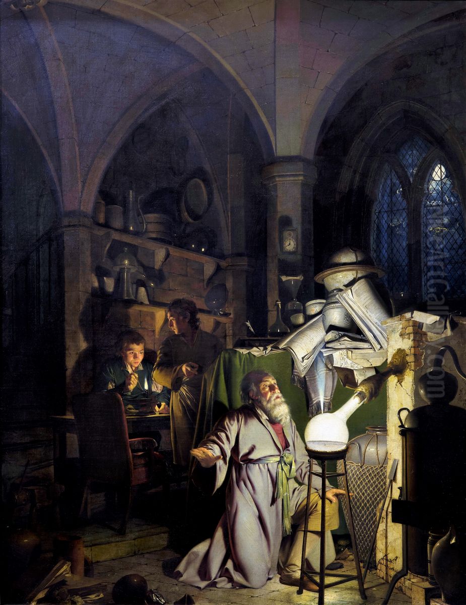 The Alchemist Discovering PhosphorusorTheAlchemistin Search of the Philosophers Stone Oil Painting by Joseph Wright of Derby
