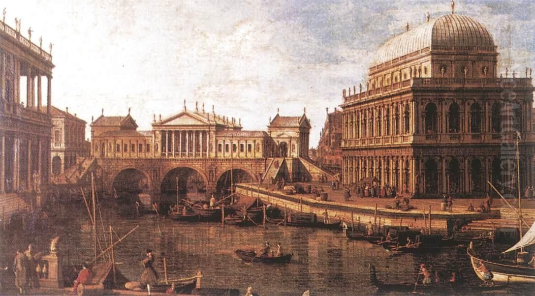 a Palladian Design for the Rialto Bridge, with Buildings at Vicenza Oil Painting by Canaletto