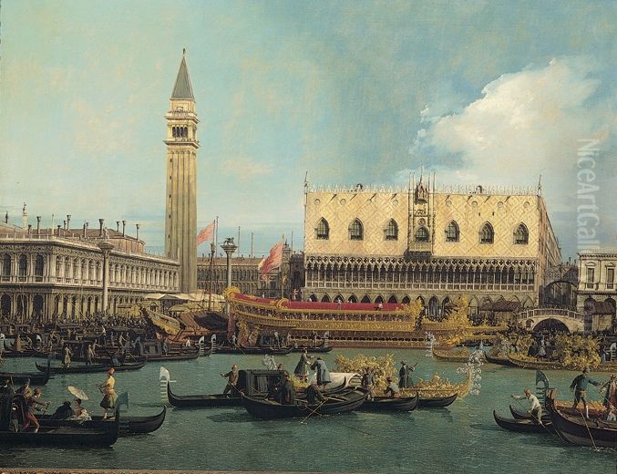 The Bucentaur on the mole on Ascension day Oil Painting by Canaletto
