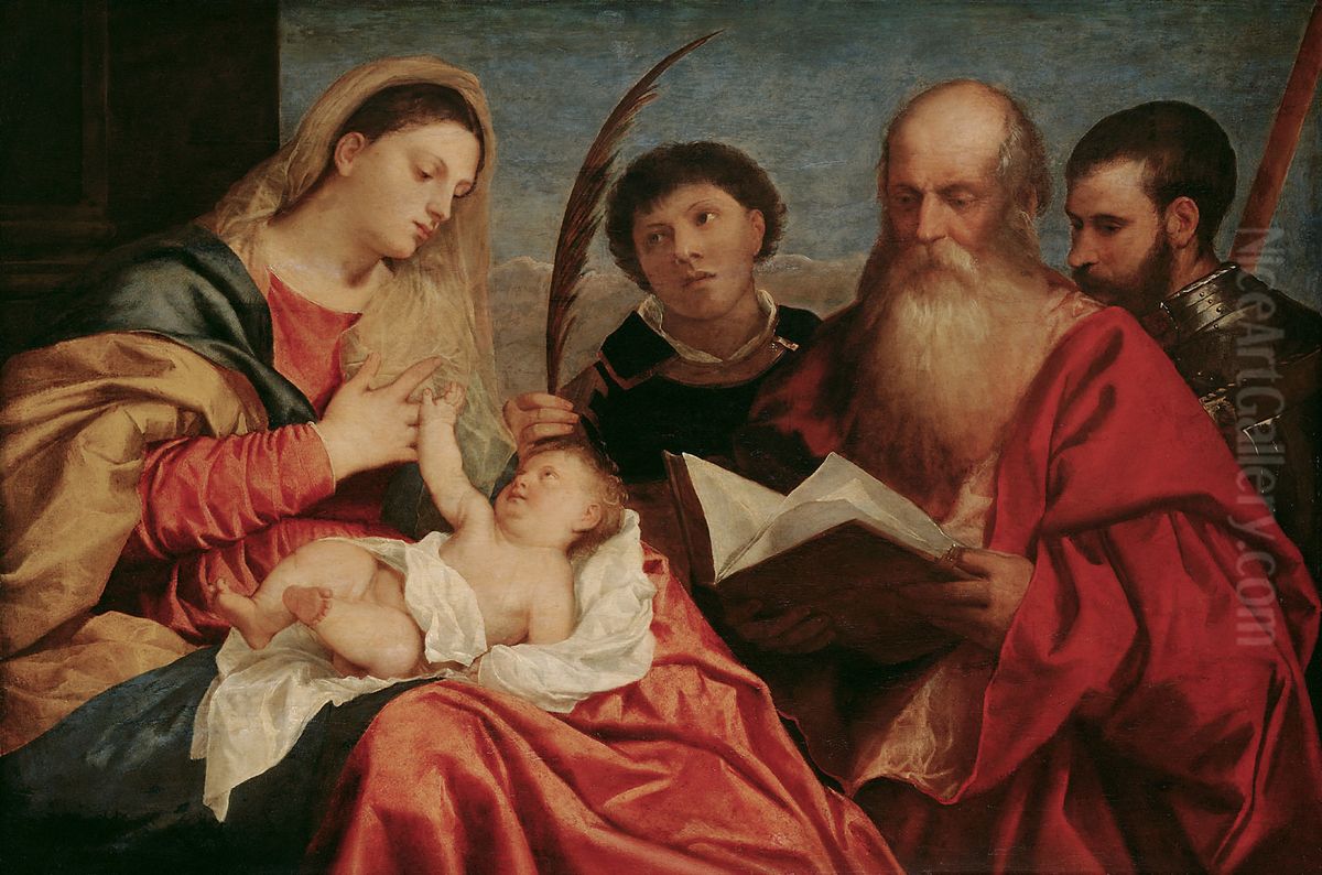 Virgin and Child with Saints Stephen, Jerome and Maurice Oil Painting by Titian
