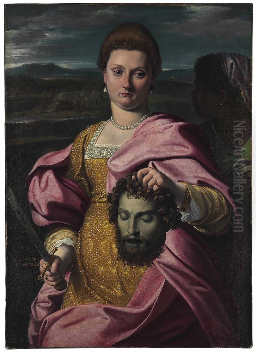 Portrait of Olimpia Luna and Melchiorre Zoppio as Judith and Holofernes Oil Painting by Agostino Carracci