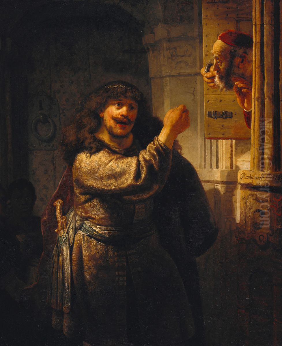 Samson threatens his father-in-law Oil Painting by Rembrandt