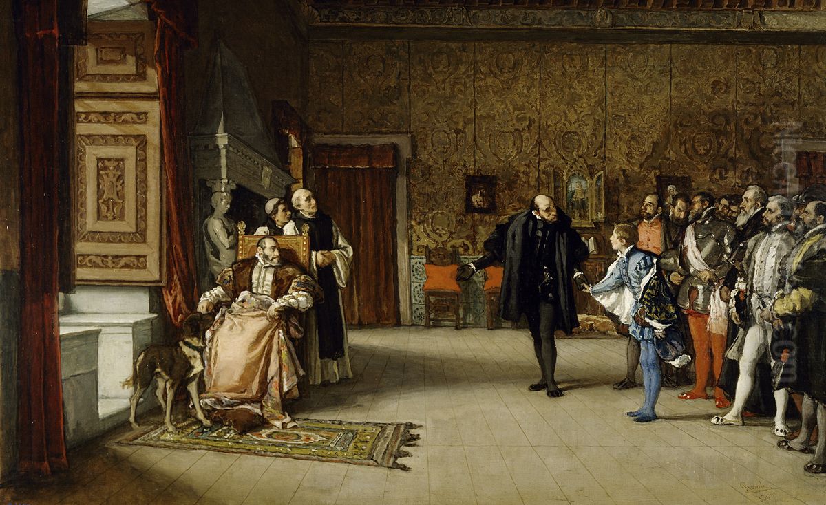 Juan de Austria's presentation to Emperor Carlos V in Yuste. Oil Painting by Eduardo Rosales