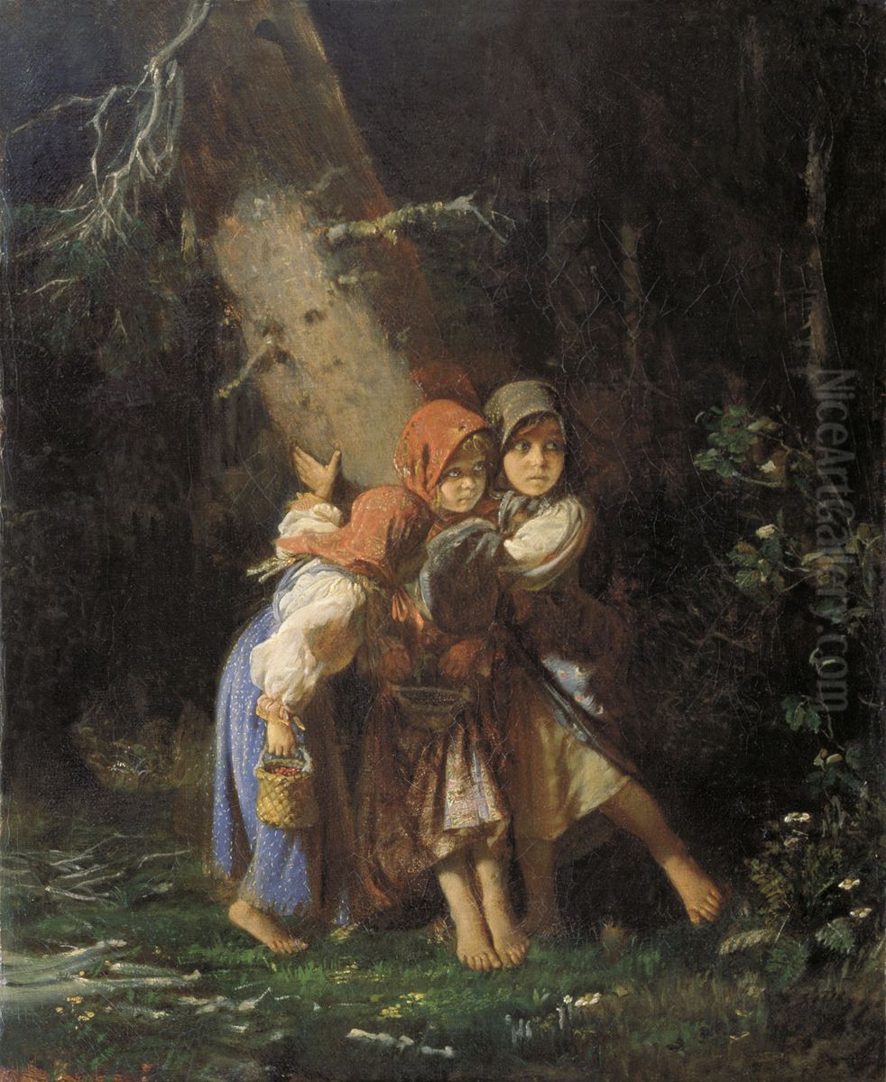 Peasant Girls in the Forest Oil Painting by Alexei Korzukhin