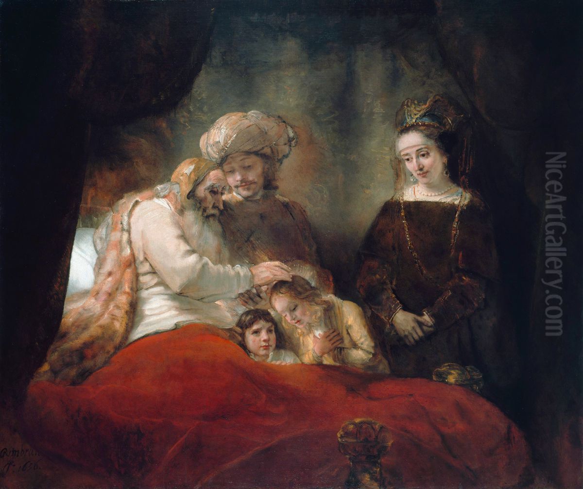 Jacob Blessing the Children of Joseph Oil Painting by Rembrandt