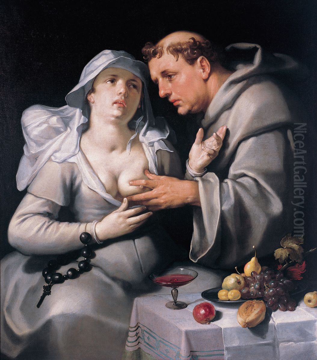 A monk with a beguine[1] Oil Painting by Cornelis van Haarlem