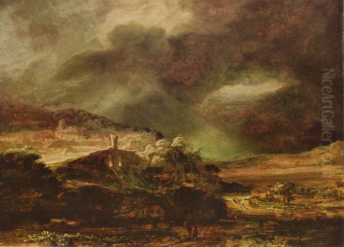 Stormy Landscape Oil Painting by Rembrandt