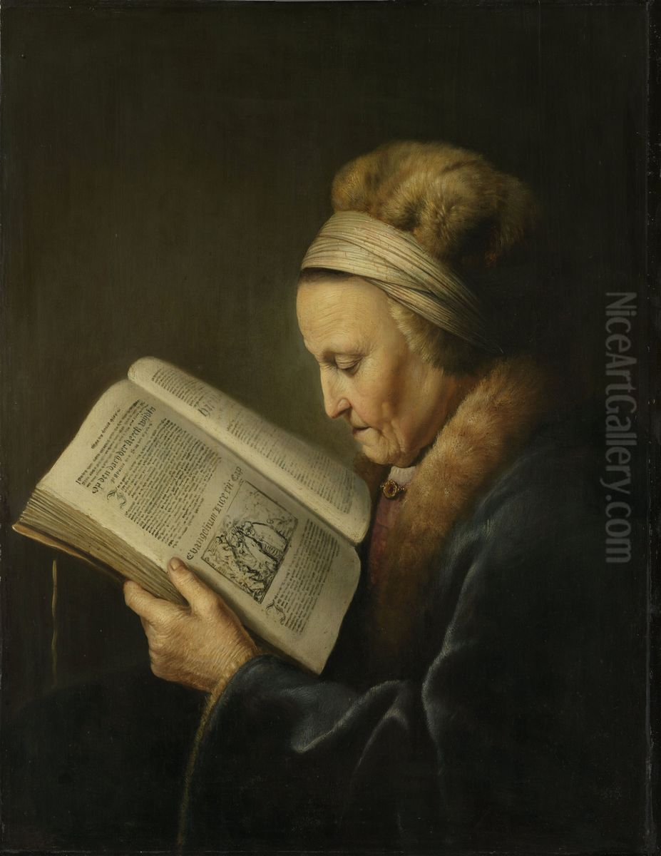 Old Woman Reading Oil Painting by Gerrit Dou