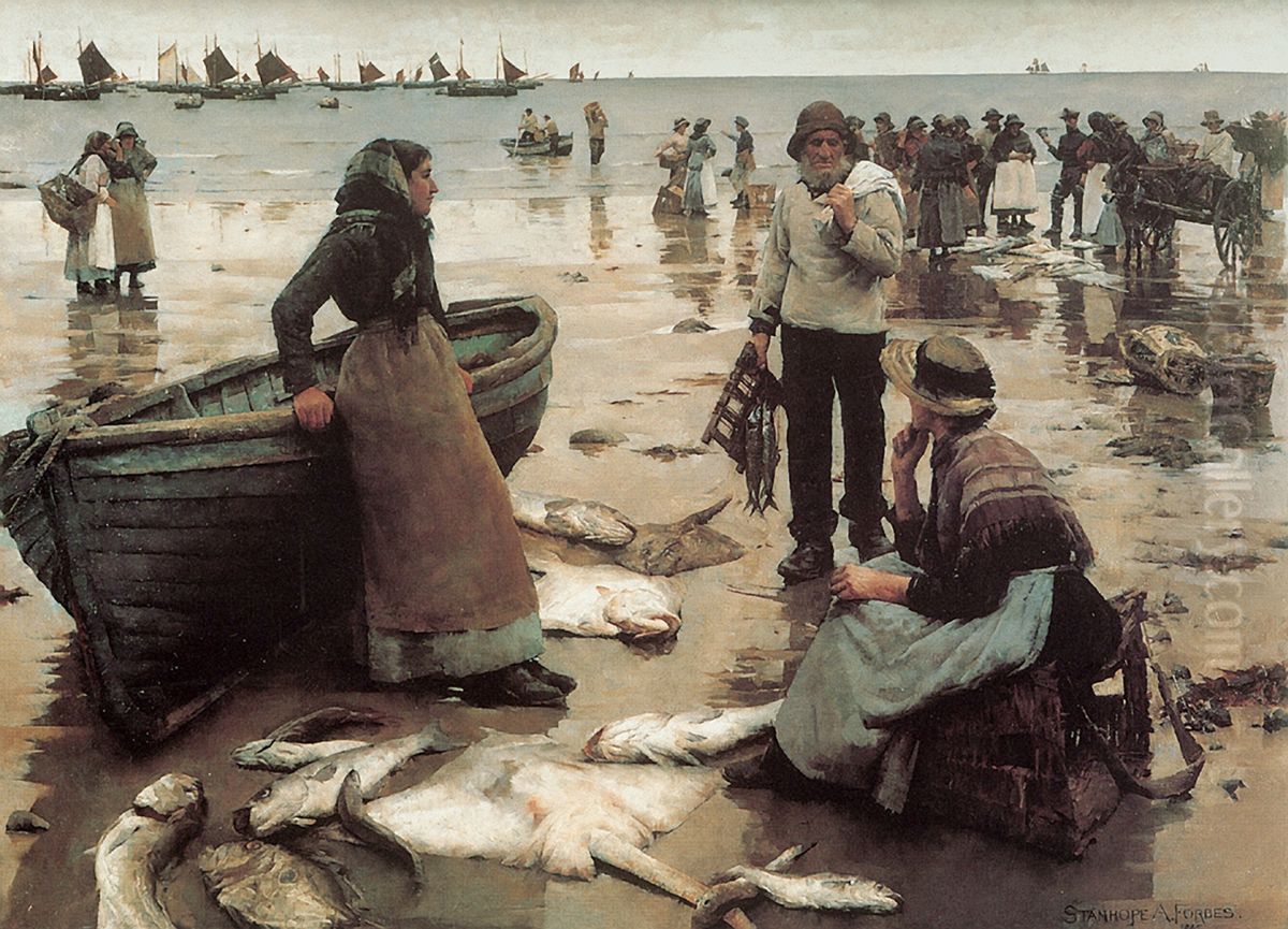 A Fish Sale on a Cornish Beach Oil Painting by Stanhope Alexander Forbes