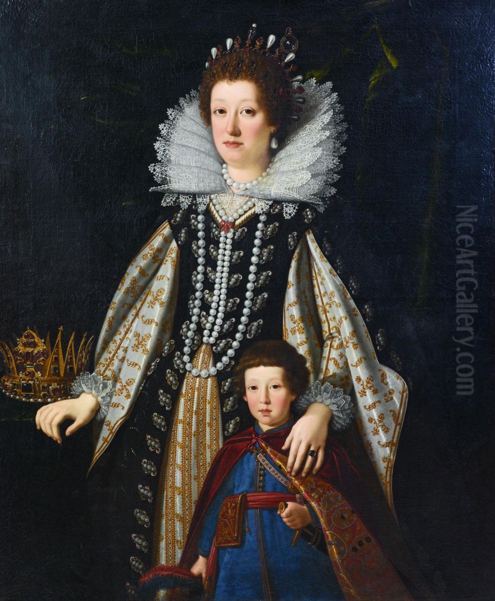Portrait of Maria Maddalena of Austria and her son Ferdinando in Polish costume Oil Painting by Justus Sustermans