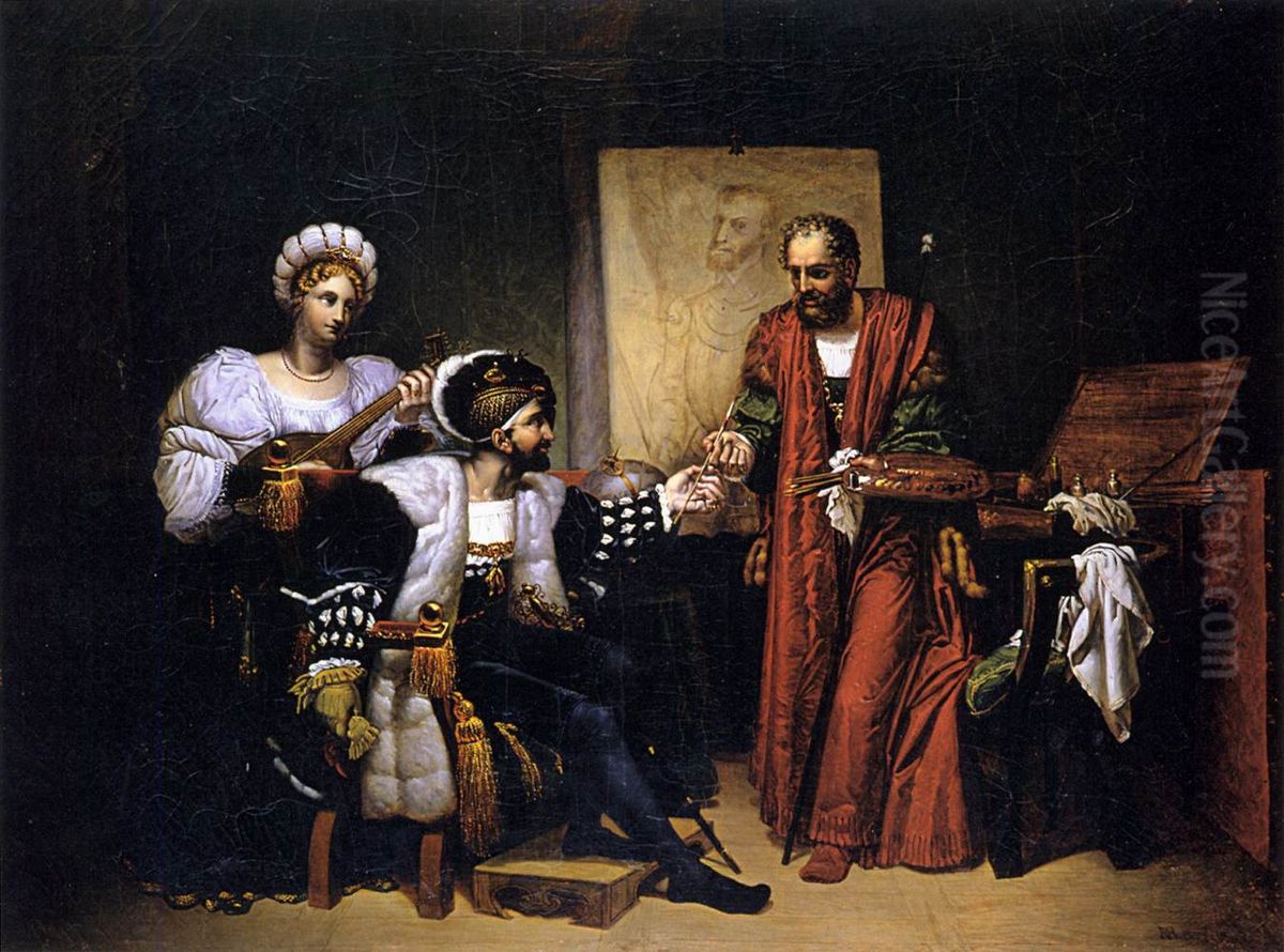 Charles Quint ramassant le pinceau du Titien Oil Painting by Pierre-Nolasque Bergeret