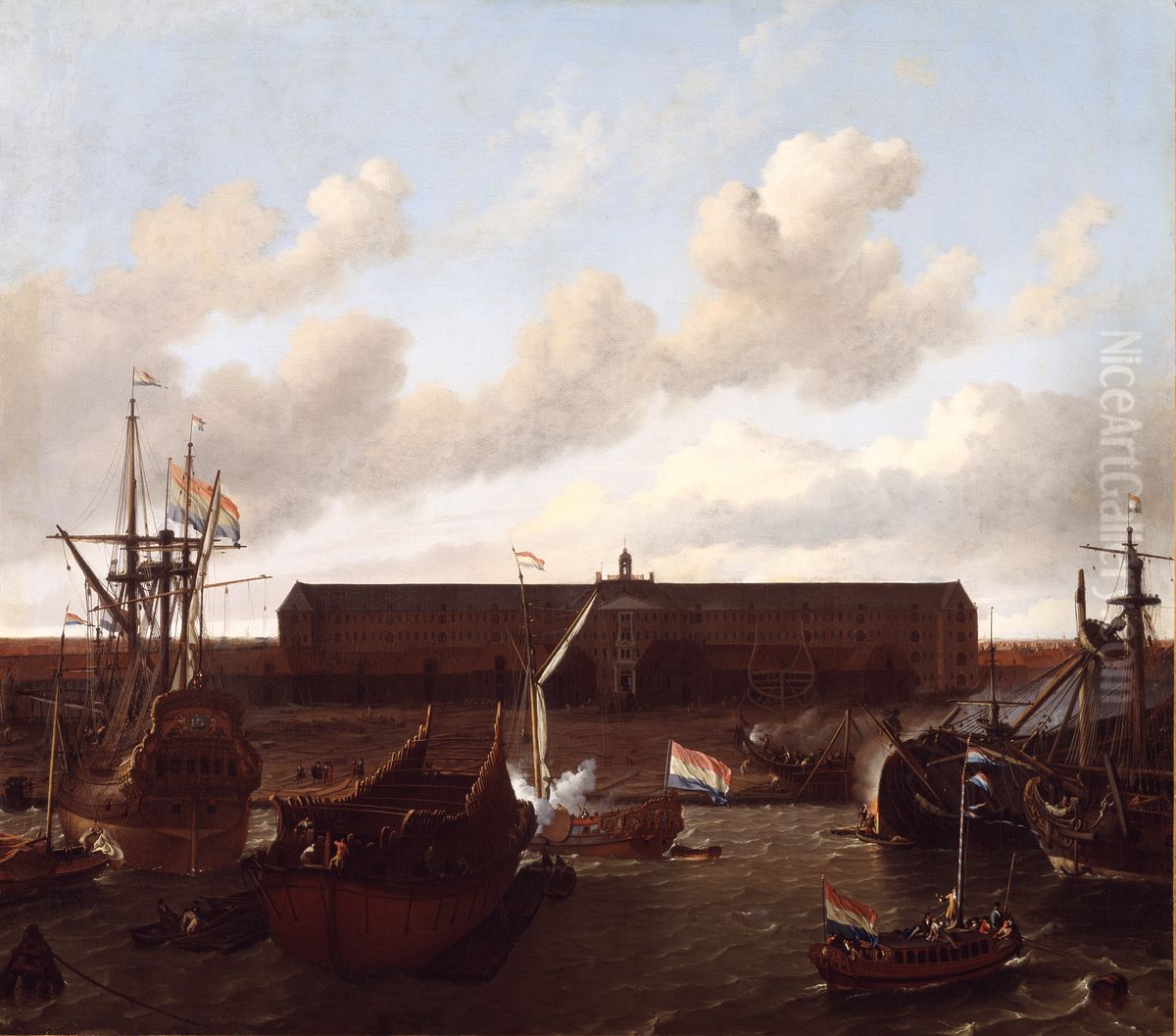 The dock of the Dutch East India Company at Amsterdam Oil Painting by Ludolf Bakhuizen