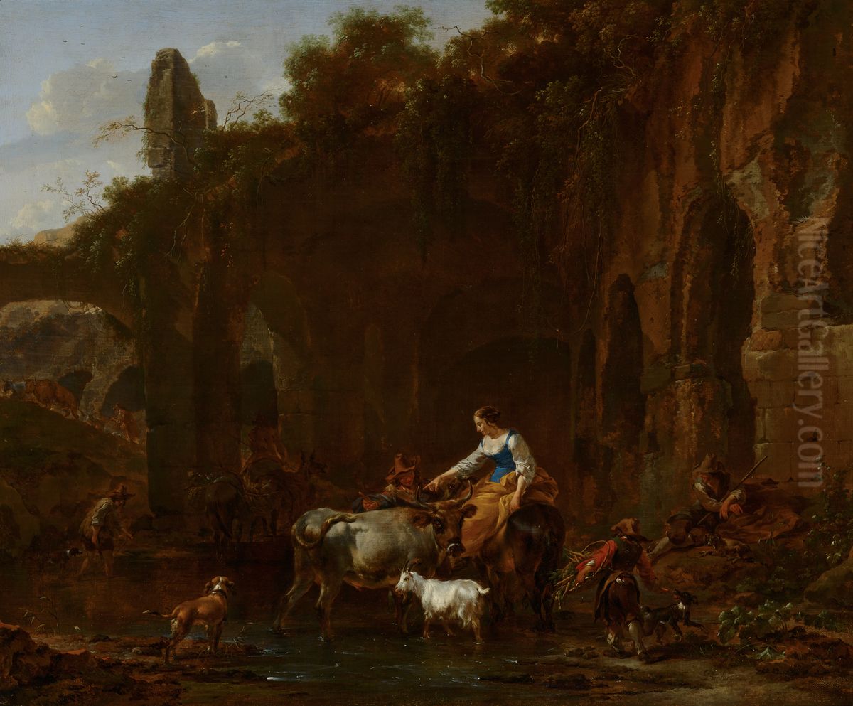 Shepherds beside Roman Ruins Oil Painting by Nicolaes Pieterszoon Berchem