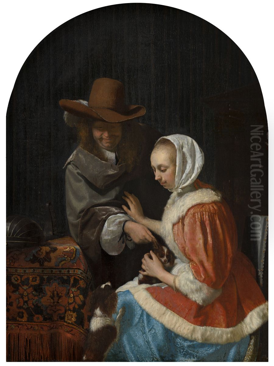 Man and Woman with Two Dogs, known as 'Teasing the Pet' Oil Painting by Frans van Mieris