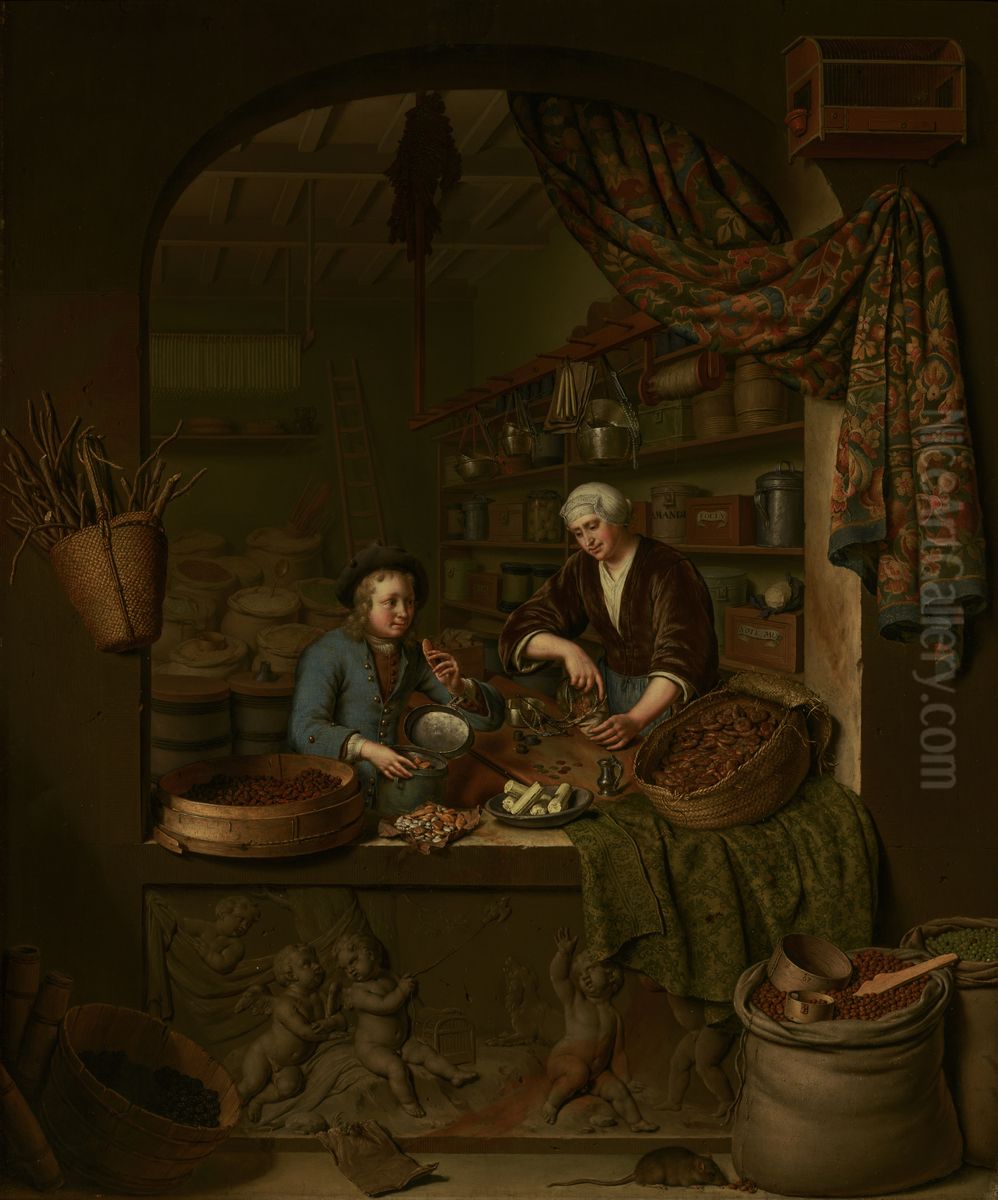 A Grocer's Shop Oil Painting by Willem Van Mieris Leiden
