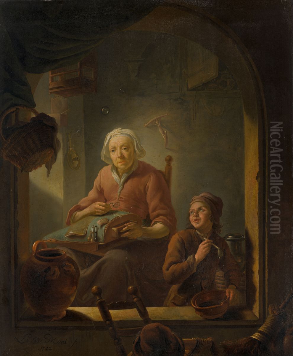 Een kantwerkster, met een bellenblazende jongen Oil Painting by Louis de Moni