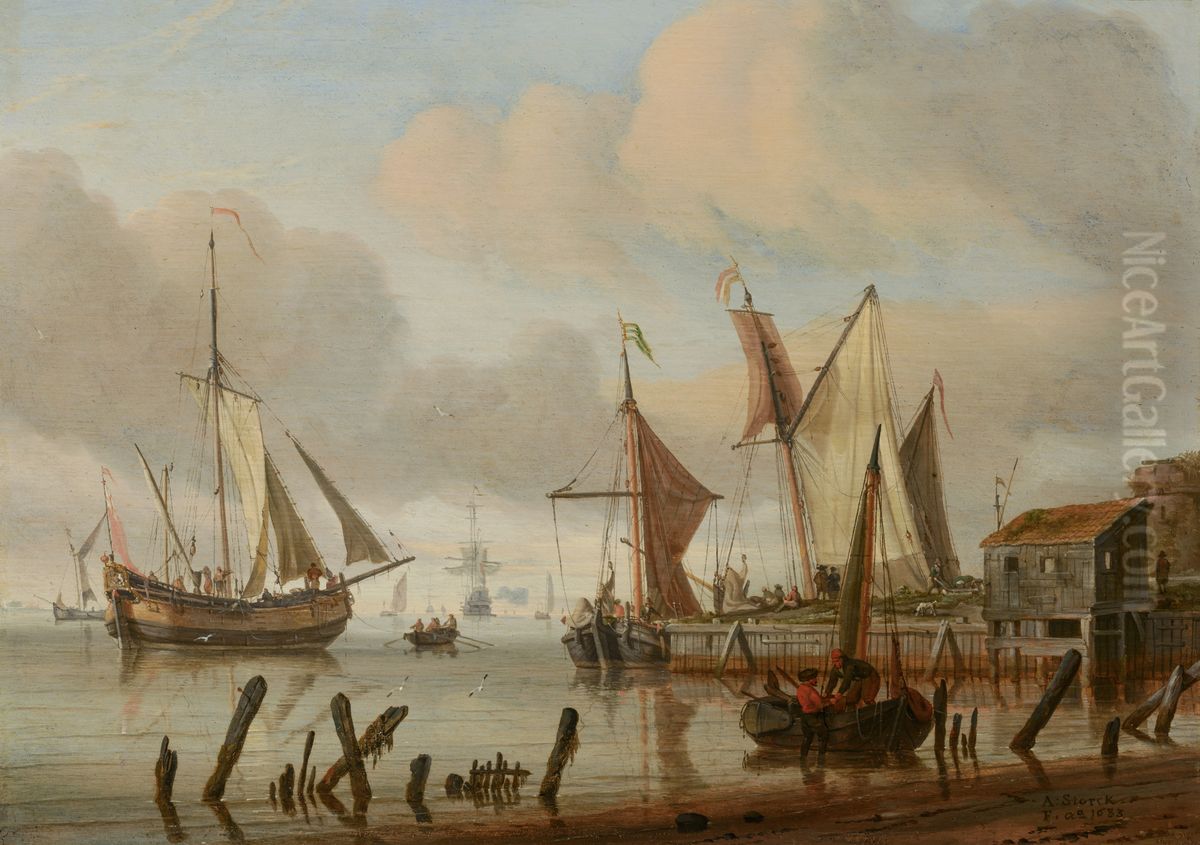 Boats at a Mooring Place Oil Painting by Abraham Storck