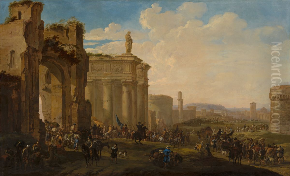 Army Advancing among Roman Ruins Oil Painting by Jacob Van Der Ulft