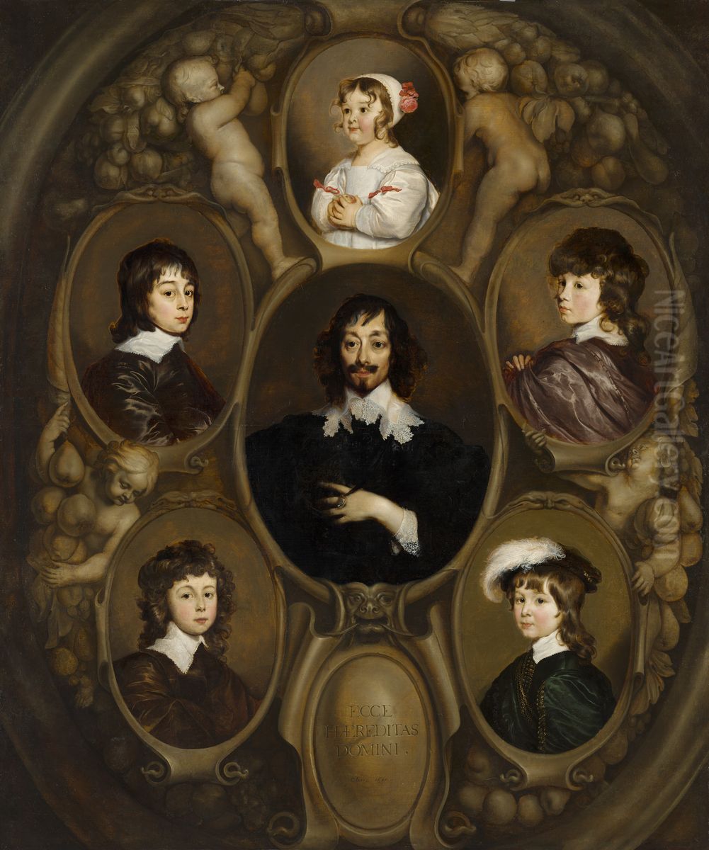 Portrait of Constantijn Huygens (1596-1687) and his Five Children Oil Painting by Adriaen Hanneman