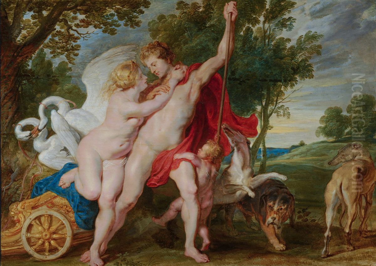 Venus attempting to keep Adonis from the hunt Oil Painting by (studio of) Rubens, Peter Paul