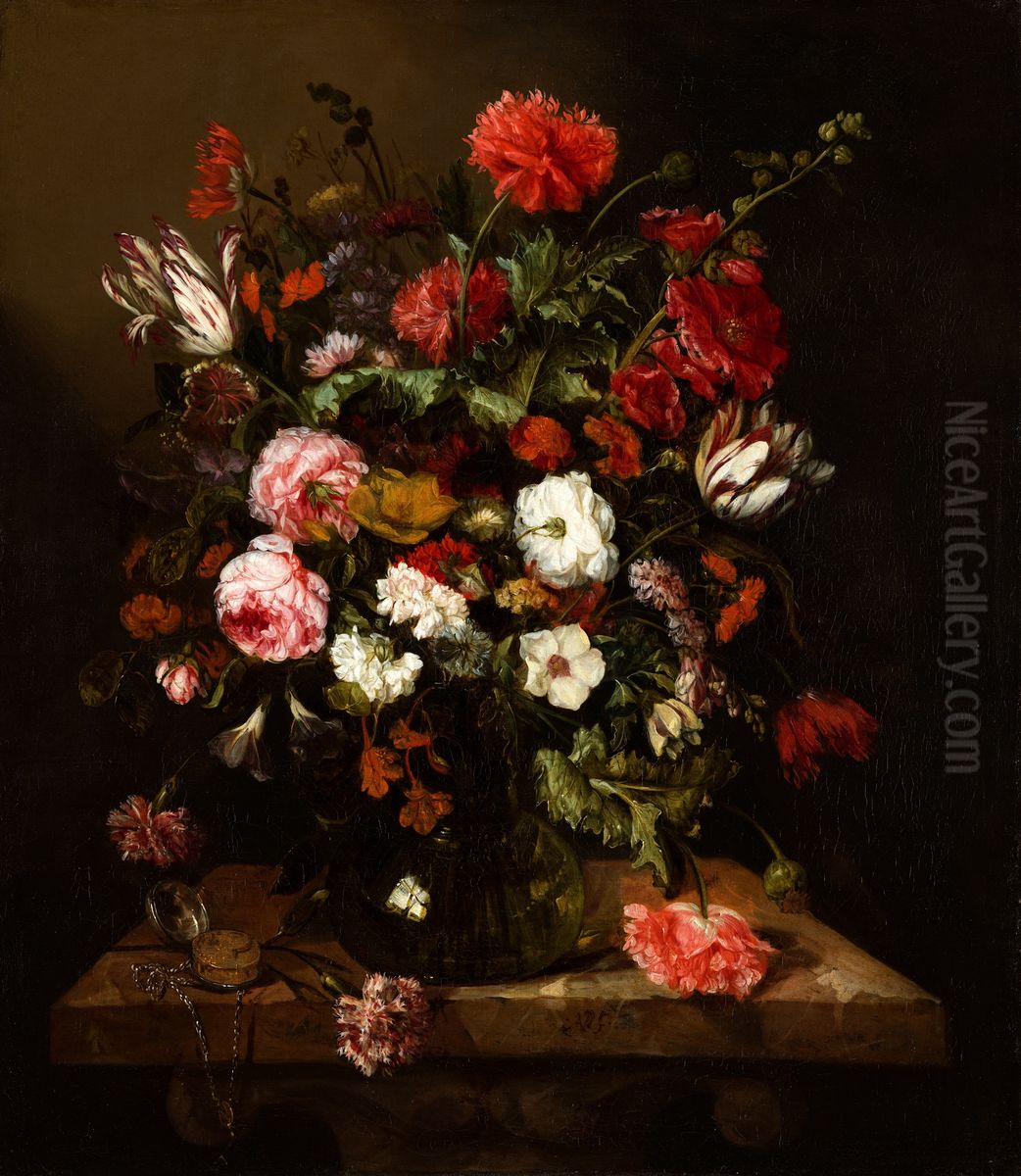 Flower Still Life with a Timepiece Oil Painting by Abraham Van Beijeren