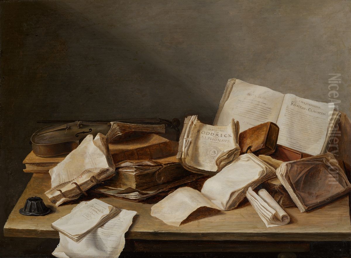 Still Life with Books and a Violin Oil Painting by Jan Davidsz. De Heem