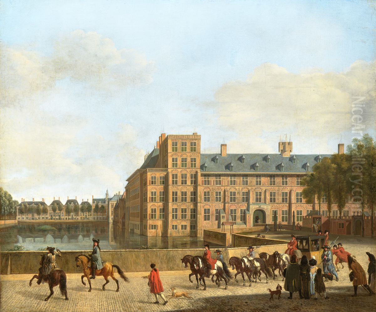 A Hunting Party near the Hofvijver in The Hague, Seen from the Buitenhof Oil Painting by Gerrit Adriaenszoon Berckheyde